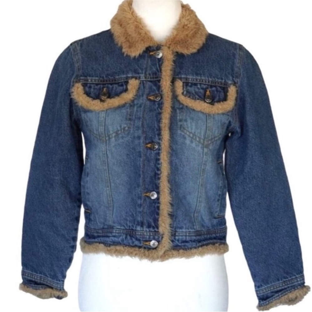 Amy Byer Blue Denim Jacket with Tan Faux Fur size 14 girls or Small Woman